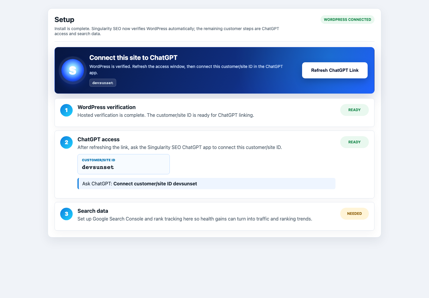 Singularity SEO WordPress dashboard