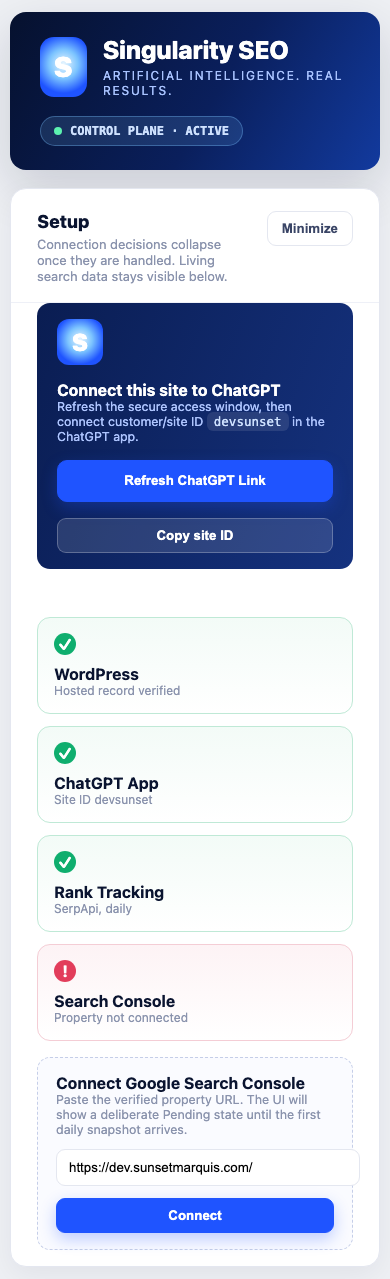 Singularity SEO mobile dashboard view